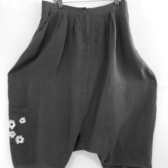 Black Linen Top and Harem Pants Set with White Print & Embroidery New XL or sz 3 - Picture 3 of 16